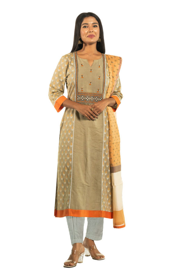 Sap Green Cotton Hand Embroidered & Printed Salwar Kameez Set